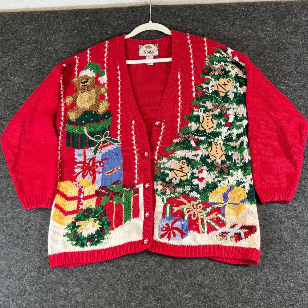 Vintage 90s Tiara International Christmas Cardigan Red Bear Tree Gingerbread L